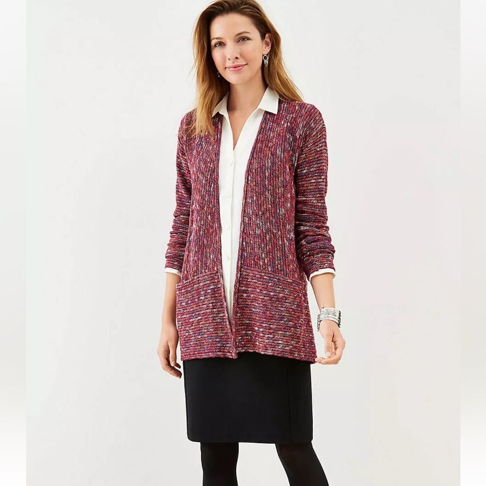 J. Jill Women Medium Gorgeous Multistriped speckle Open-Front Cardigan sweater M
